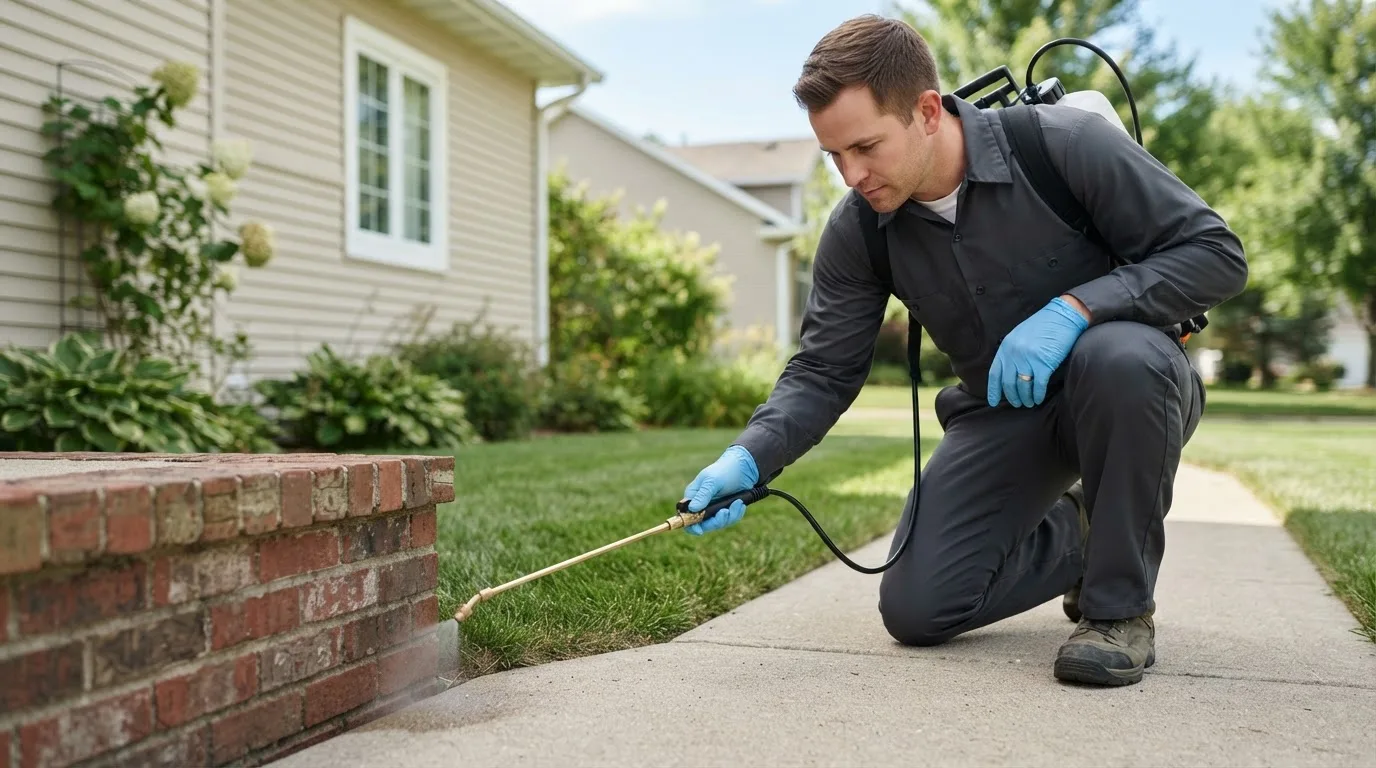 Pest control technician treating a home near Haileyville, OK